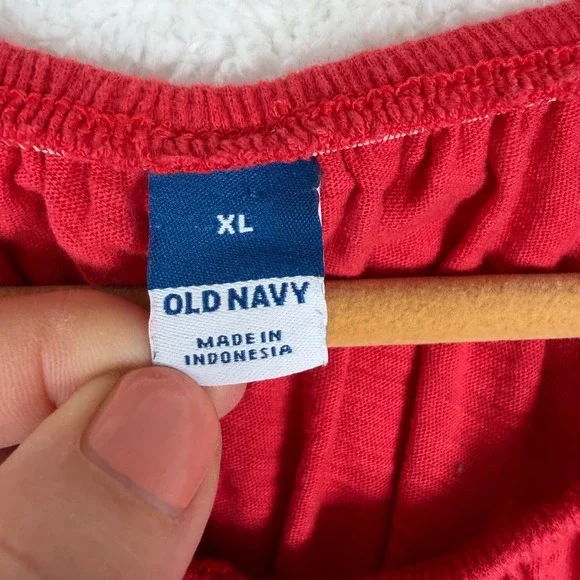 Old Navy Womens XL Red Slub Knit Poplin Puff Sleeve Blouse Top Cotton Relaxed - Picture 2 of 6